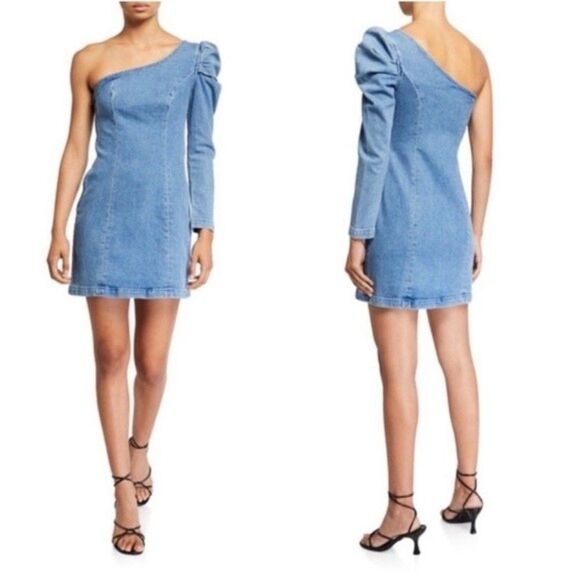GRLFRND Ellie One Shoulder Denim Mini Dress Puff Long Sleeve Asymmetrical Neck - Picture 1 of 16